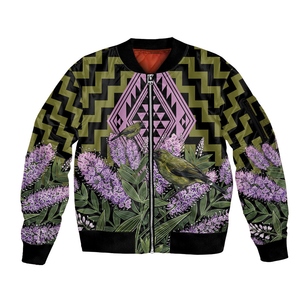 Rongoa Maori New Zealand Koromiko Sleeve Zip Bomber Jacket NZ Hebe Korimako Bellbird Poutama