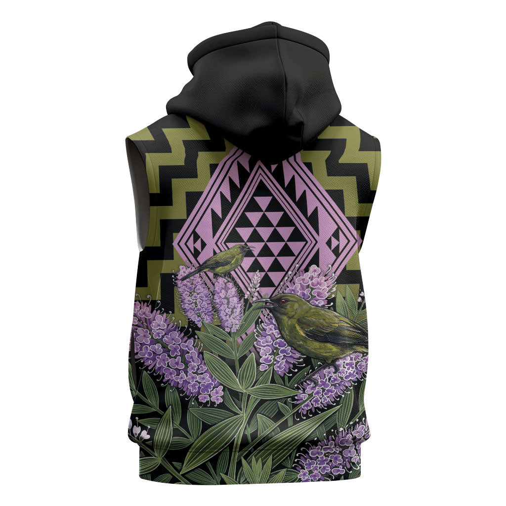 Rongoa Maori New Zealand Koromiko Sleeveless Hoodie NZ Hebe Korimako Bellbird Poutama