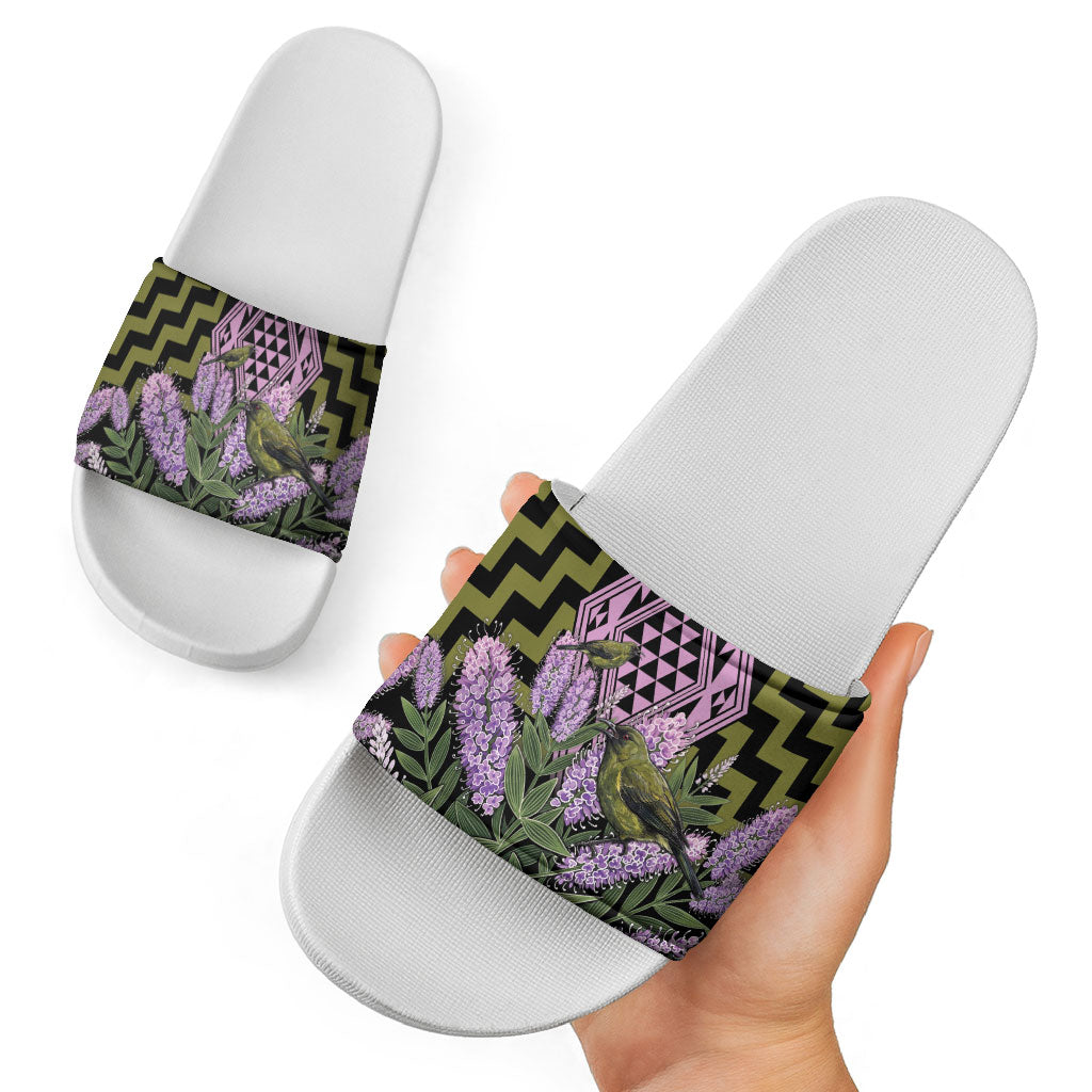 Rongoa Maori New Zealand Koromiko Slide Sandals NZ Hebe Korimako Bellbird Poutama