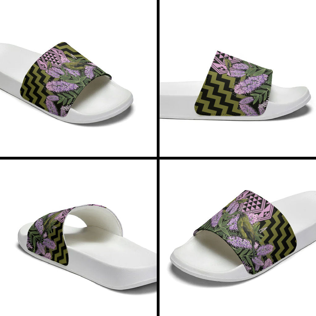 Rongoa Maori New Zealand Koromiko Slide Sandals NZ Hebe Korimako Bellbird Poutama
