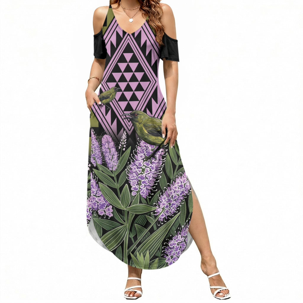 Rongoa Maori New Zealand Koromiko Summer Maxi Dress NZ Hebe Korimako Bellbird Poutama