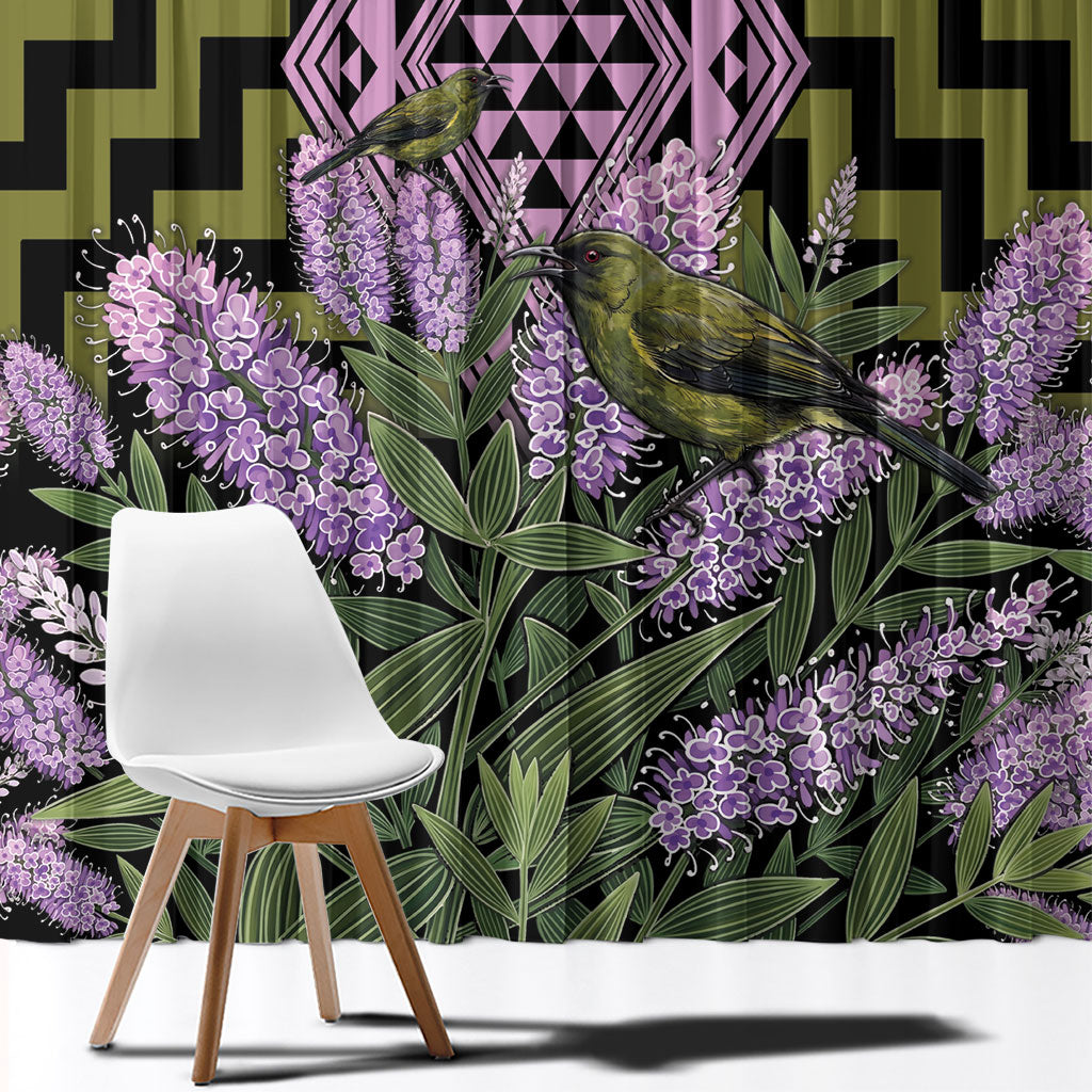 Rongoa Maori New Zealand Koromiko Window Curtain NZ Hebe Korimako Bellbird Poutama