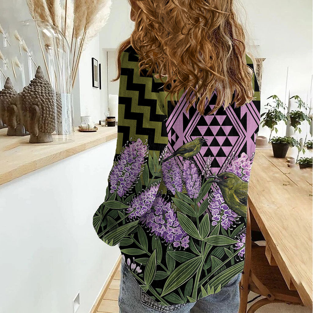 Rongoa Maori New Zealand Koromiko Women Casual Shirt NZ Hebe Korimako Bellbird Poutama