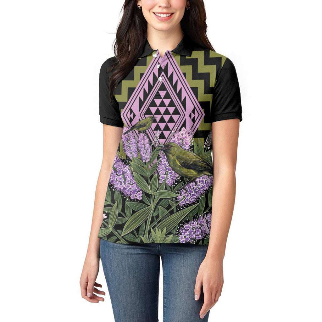 Rongoa Maori New Zealand Koromiko Women Polo Shirt NZ Hebe Korimako Bellbird Poutama