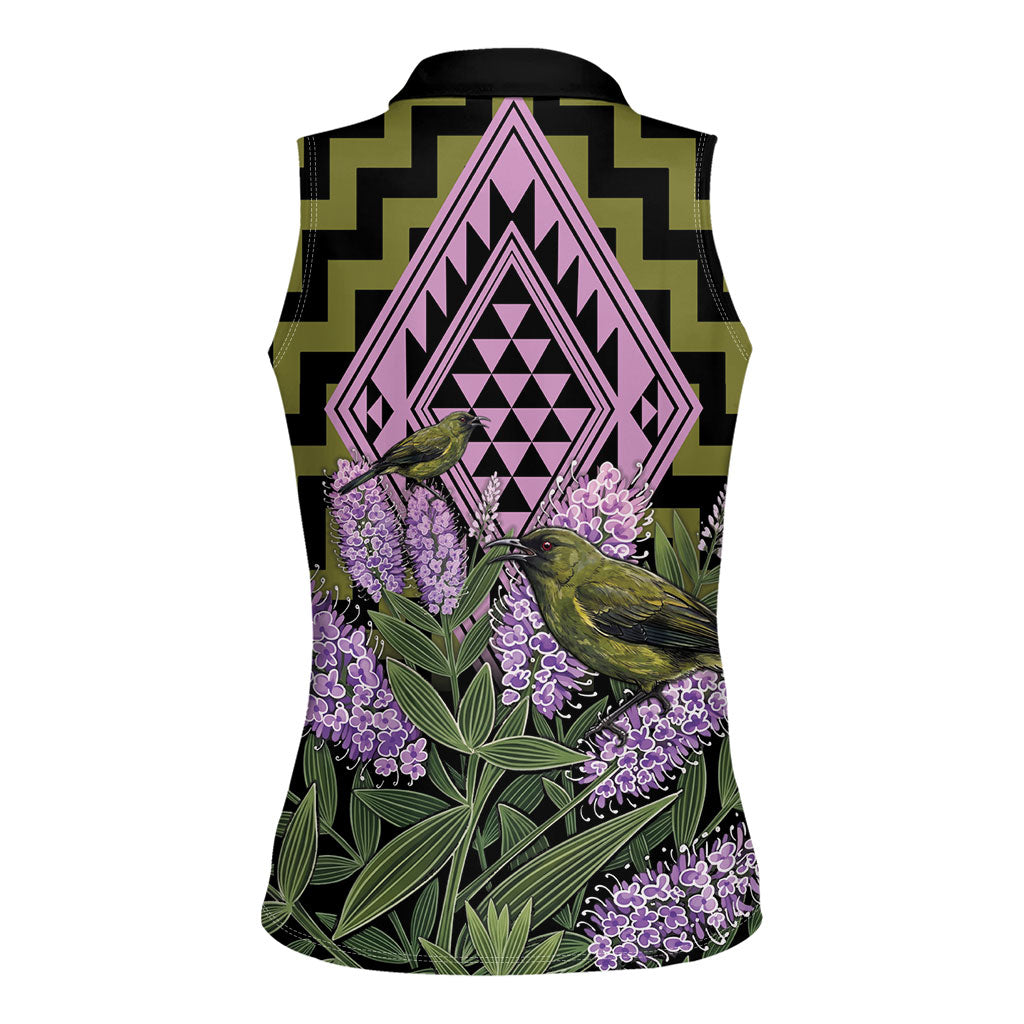 Rongoa Maori New Zealand Koromiko Women Sleeveless Polo Shirt NZ Hebe Korimako Bellbird Poutama