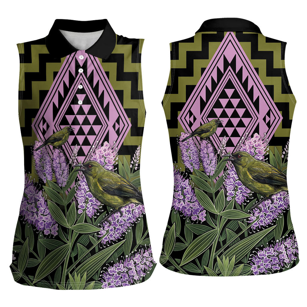 Rongoa Maori New Zealand Koromiko Women Sleeveless Polo Shirt NZ Hebe Korimako Bellbird Poutama