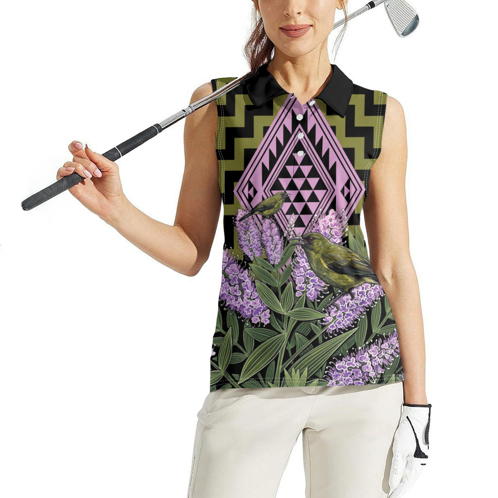 Rongoa Maori New Zealand Koromiko Women Sleeveless Polo Shirt NZ Hebe Korimako Bellbird Poutama