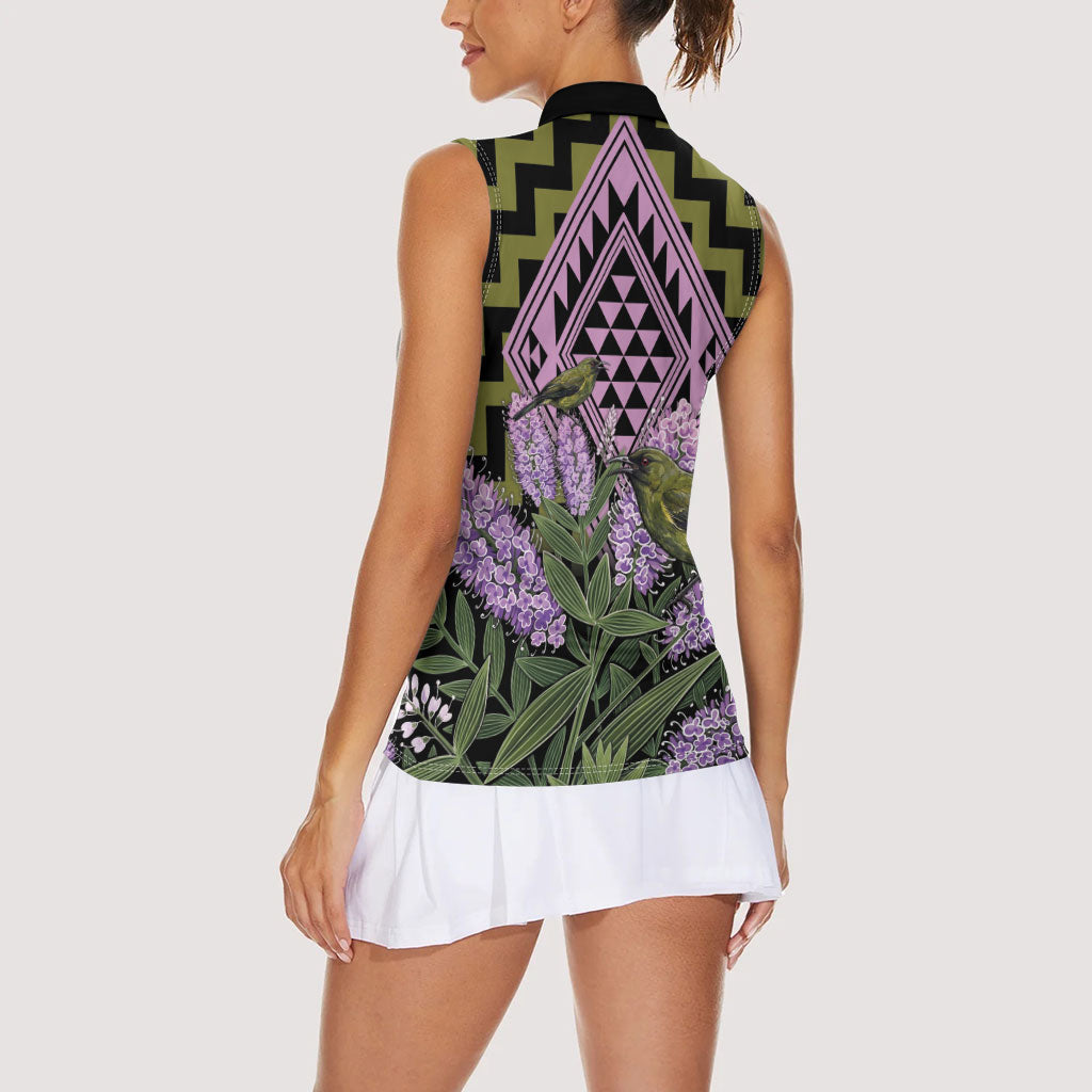 Rongoa Maori New Zealand Koromiko Women Sleeveless Polo Shirt NZ Hebe Korimako Bellbird Poutama