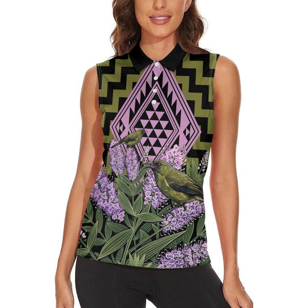 Rongoa Maori New Zealand Koromiko Women Sleeveless Polo Shirt NZ Hebe Korimako Bellbird Poutama