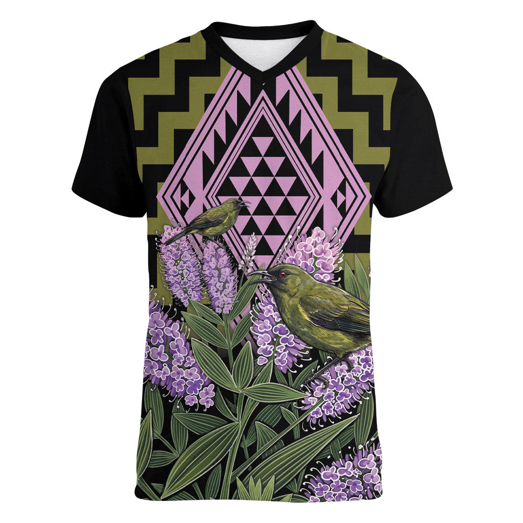 Rongoa Maori New Zealand Koromiko Women V-Neck T-Shirt NZ Hebe Korimako Bellbird Poutama