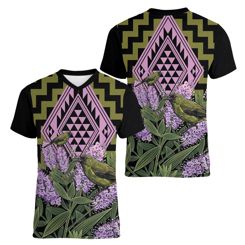 Rongoa Maori New Zealand Koromiko Women V-Neck T-Shirt NZ Hebe Korimako Bellbird Poutama