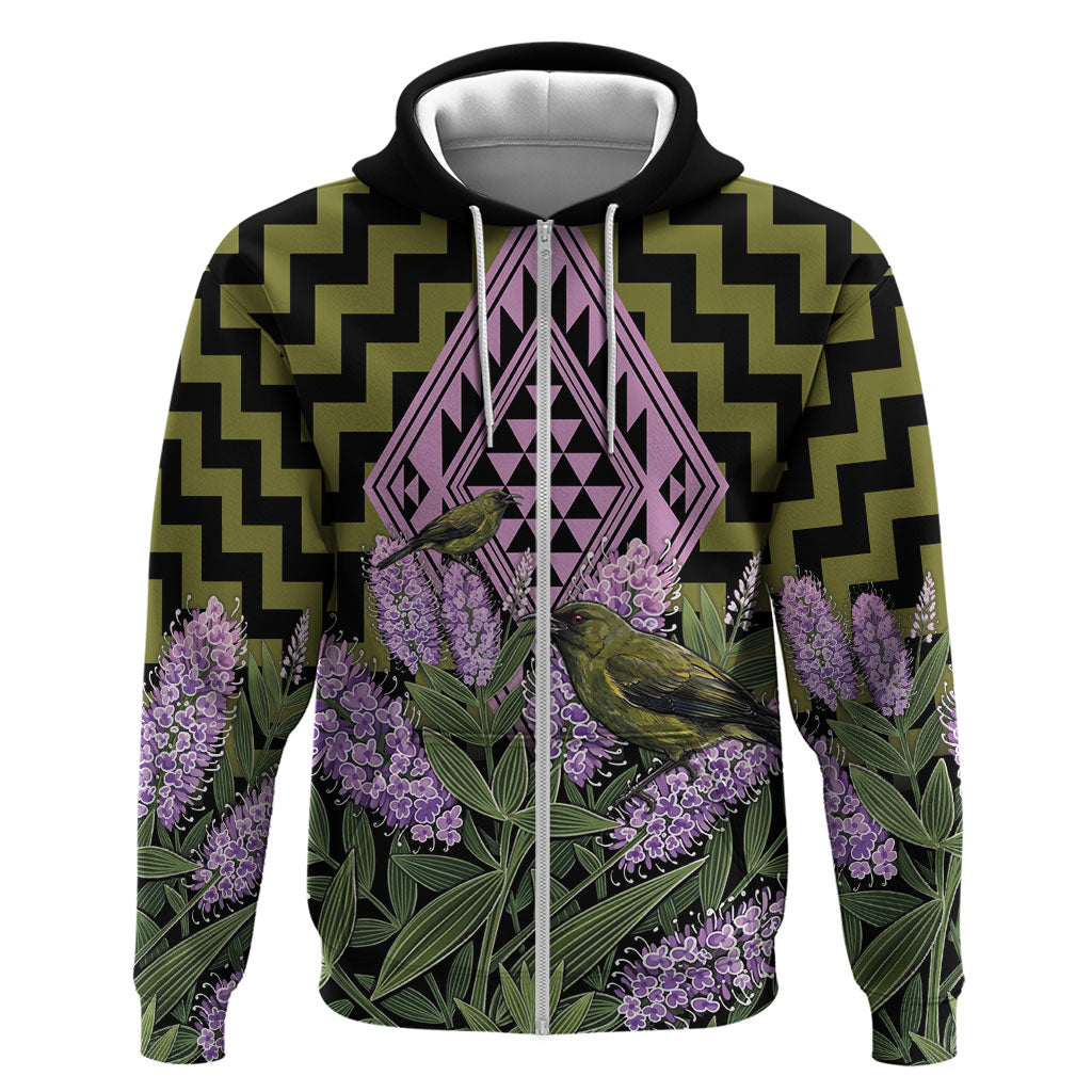 Rongoa Maori New Zealand Koromiko Zip Hoodie NZ Hebe Korimako Bellbird Poutama