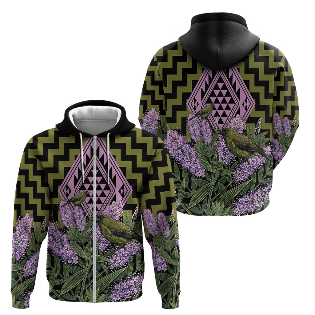 Rongoa Maori New Zealand Koromiko Zip Hoodie NZ Hebe Korimako Bellbird Poutama