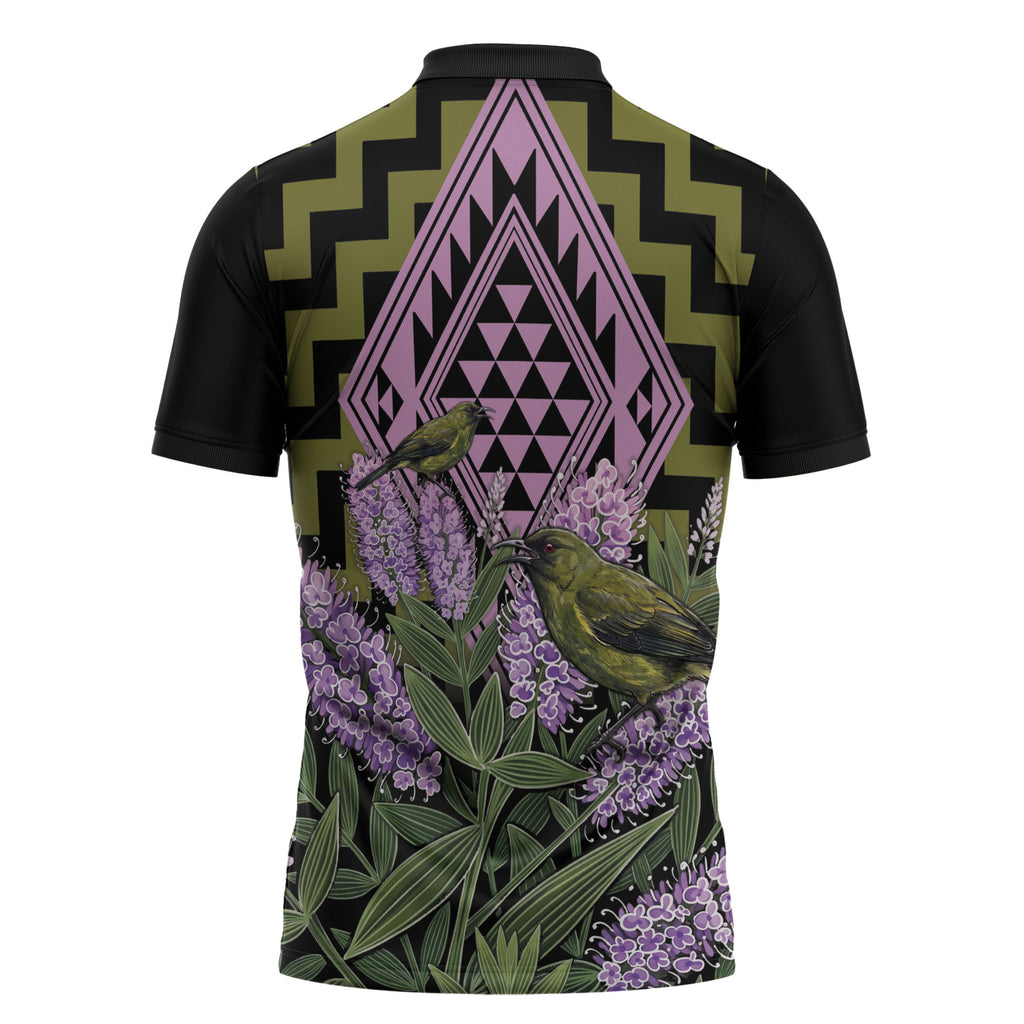 Rongoa Maori New Zealand Koromiko Zipper Polo Shirt NZ Hebe Korimako Bellbird Poutama