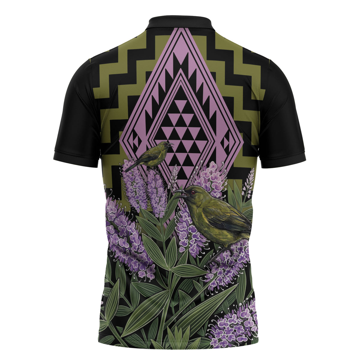 Rongoa Maori New Zealand Koromiko Zipper Polo Shirt NZ Hebe Korimako Bellbird Poutama