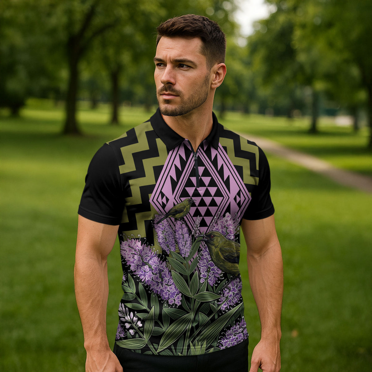 Rongoa Maori New Zealand Koromiko Zipper Polo Shirt NZ Hebe Korimako Bellbird Poutama