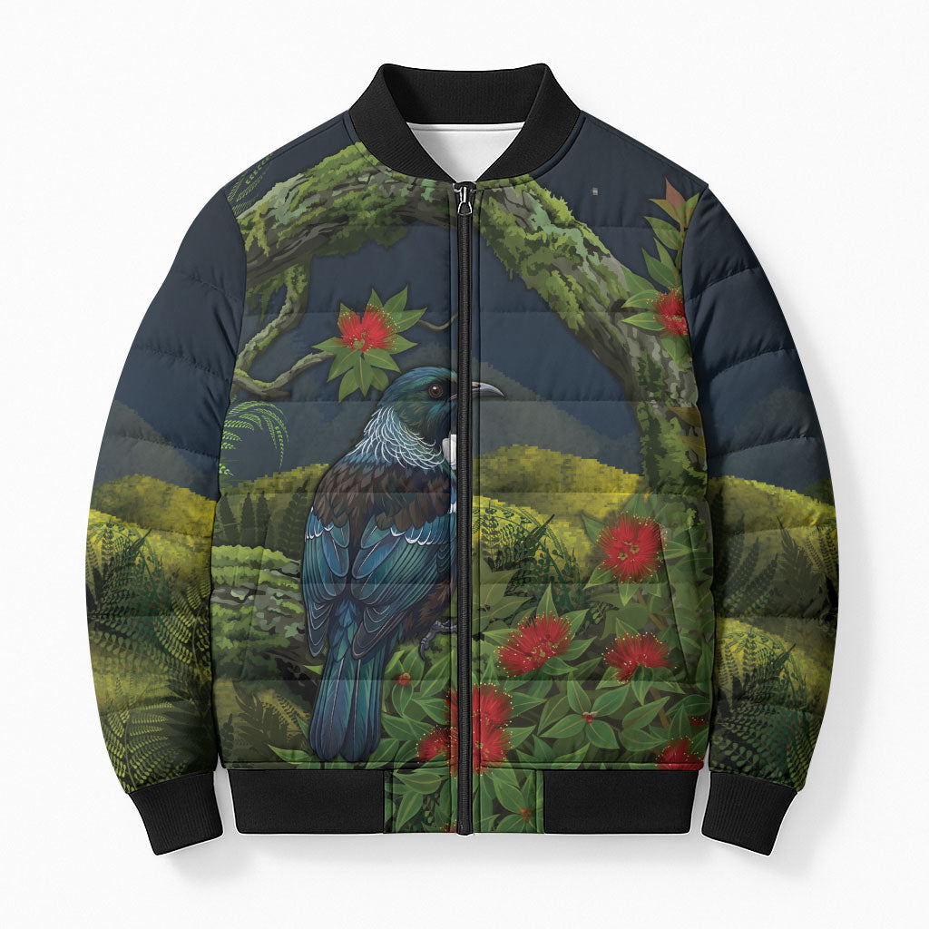 Rongoa Maori New Zealand Rata Bomber Puffer Jacket NZ Tui Bird Forest Vibes