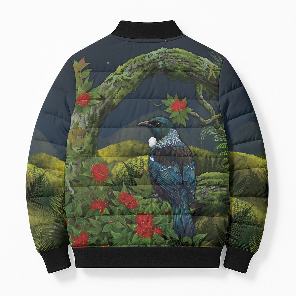 Rongoa Maori New Zealand Rata Bomber Puffer Jacket NZ Tui Bird Forest Vibes