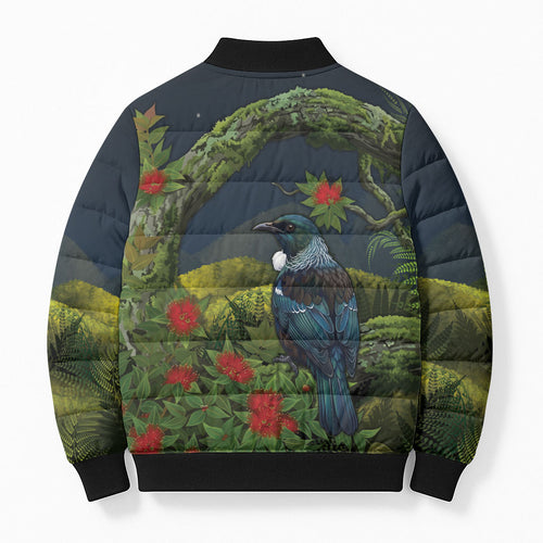 Rongoa Maori New Zealand Rata Bomber Puffer Jacket NZ Tui Bird Forest Vibes