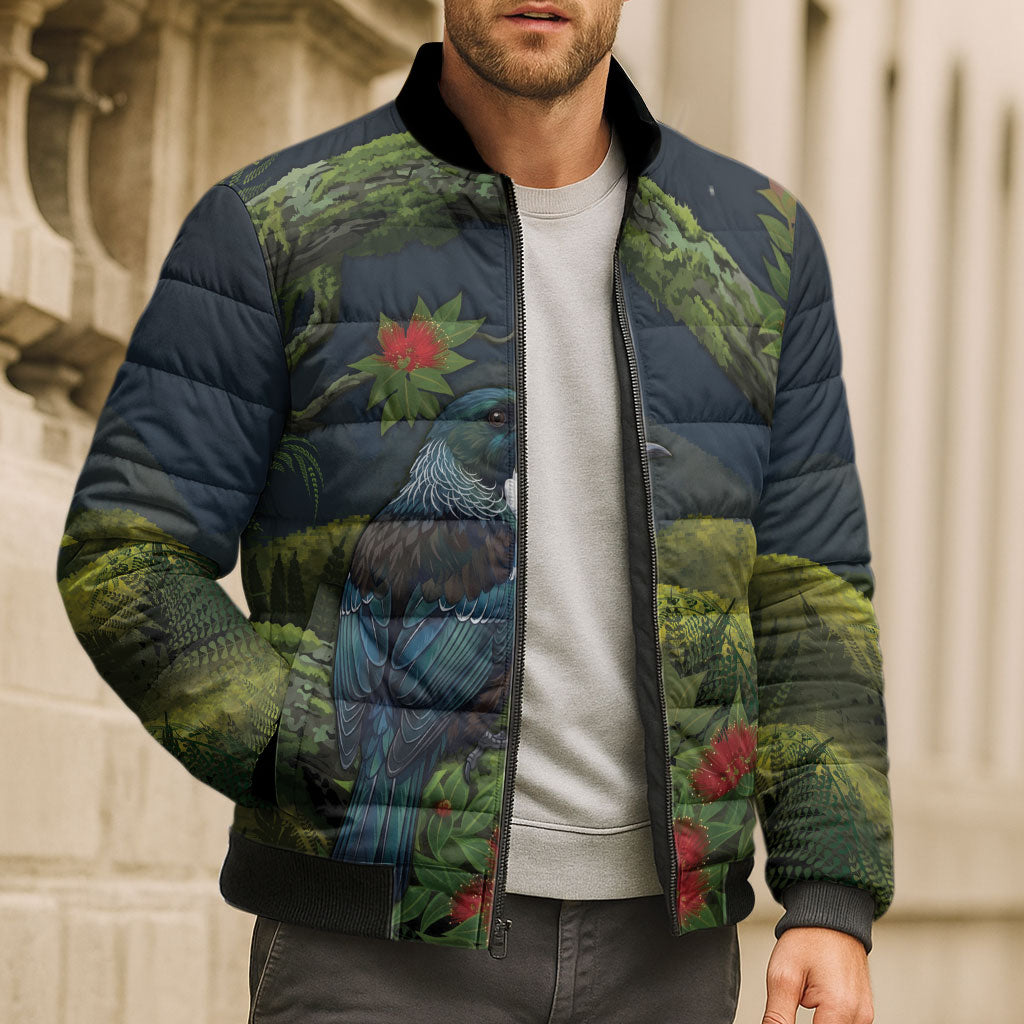 Rongoa Maori New Zealand Rata Bomber Puffer Jacket NZ Tui Bird Forest Vibes