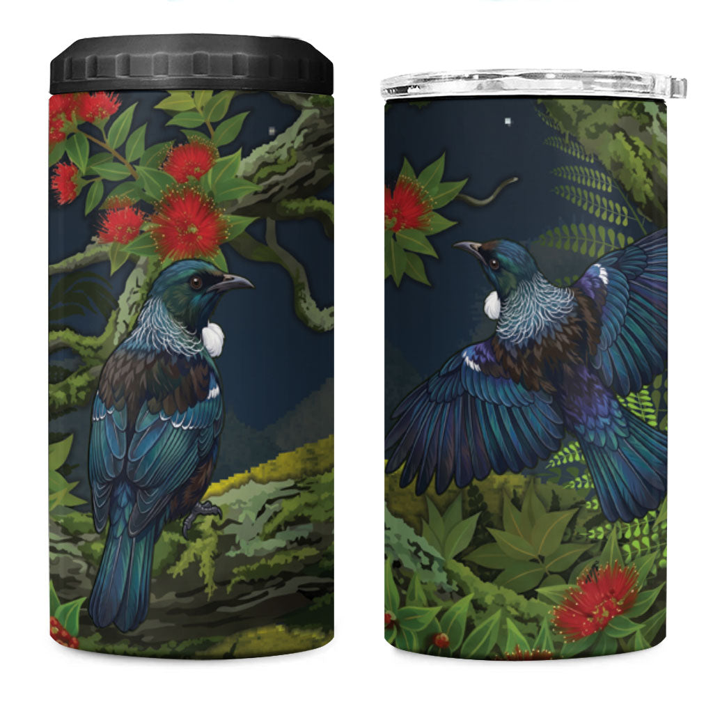 Rongoa Maori New Zealand Rata 4 in 1 Can Cooler Tumbler NZ Tui Bird Forest Vibes