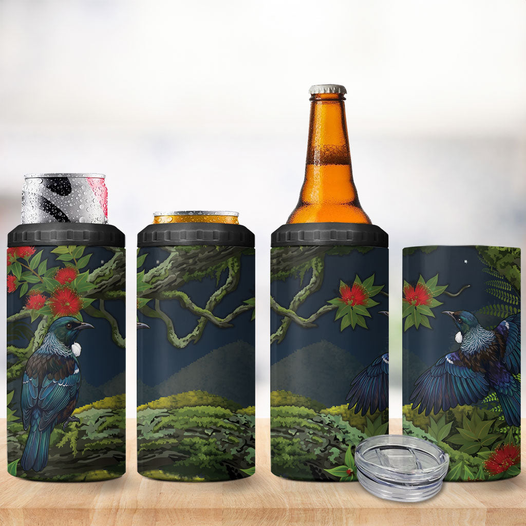 Rongoa Maori New Zealand Rata 4 in 1 Can Cooler Tumbler NZ Tui Bird Forest Vibes