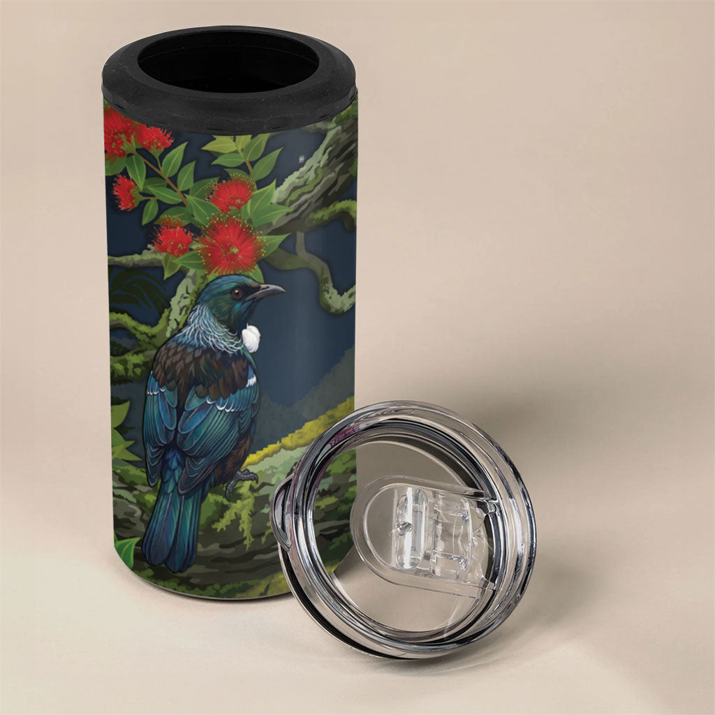 Rongoa Maori New Zealand Rata 4 in 1 Can Cooler Tumbler NZ Tui Bird Forest Vibes