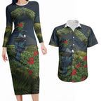 Rongoa Maori New Zealand Rata Couples Matching Long Sleeve Bodycon Dress and Hawaiian Shirt NZ Tui Bird Forest Vibes