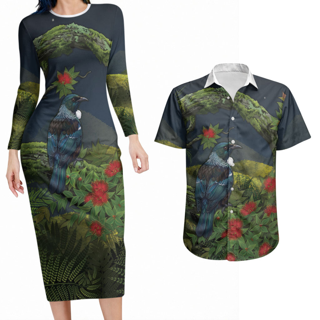 Rongoa Maori New Zealand Rata Couples Matching Long Sleeve Bodycon Dress and Hawaiian Shirt NZ Tui Bird Forest Vibes