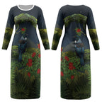 Rongoa Maori New Zealand Rata Couples Matching Long Sleeve Bodycon Dress and Hawaiian Shirt NZ Tui Bird Forest Vibes