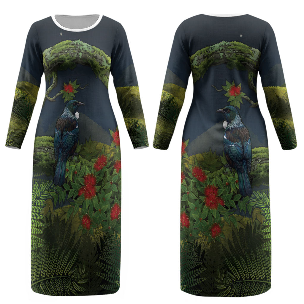 Rongoa Maori New Zealand Rata Couples Matching Long Sleeve Bodycon Dress and Hawaiian Shirt NZ Tui Bird Forest Vibes