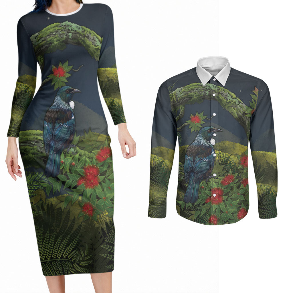 Rongoa Maori New Zealand Rata Couples Matching Long Sleeve Bodycon Dress and Long Sleeve Button Shirt NZ Tui Bird Forest Vibes