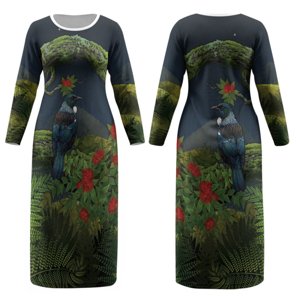 Rongoa Maori New Zealand Rata Couples Matching Long Sleeve Bodycon Dress and Long Sleeve Button Shirt NZ Tui Bird Forest Vibes