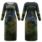 Rongoa Maori New Zealand Rata Couples Matching Long Sleeve Bodycon Dress and Long Sleeve Button Shirt NZ Tui Bird Forest Vibes