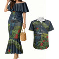 Rongoa Maori New Zealand Rata Couples Matching Mermaid Dress and Hawaiian Shirt NZ Tui Bird Forest Vibes