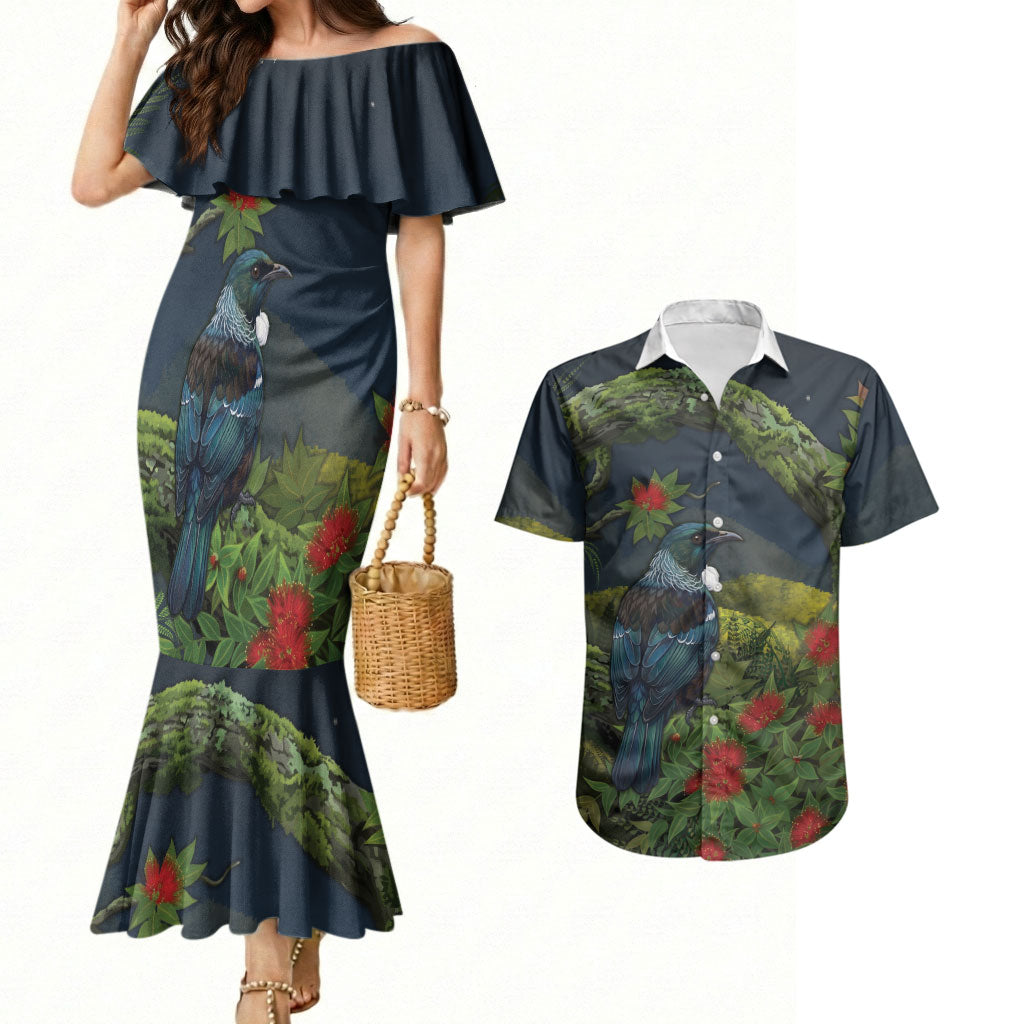 Rongoa Maori New Zealand Rata Couples Matching Mermaid Dress and Hawaiian Shirt NZ Tui Bird Forest Vibes
