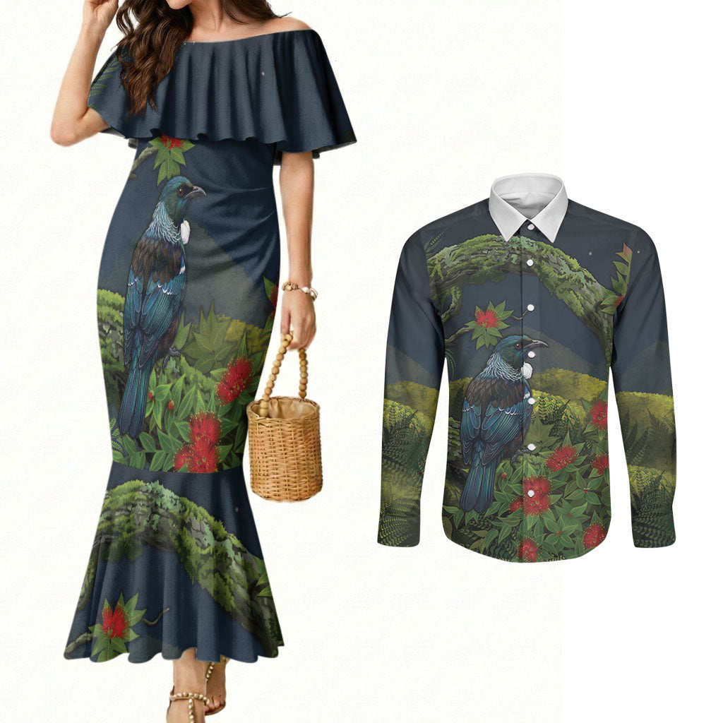 Rongoa Maori New Zealand Rata Couples Matching Mermaid Dress and Long Sleeve Button Shirt NZ Tui Bird Forest Vibes
