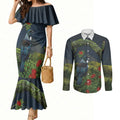 Rongoa Maori New Zealand Rata Couples Matching Mermaid Dress and Long Sleeve Button Shirt NZ Tui Bird Forest Vibes