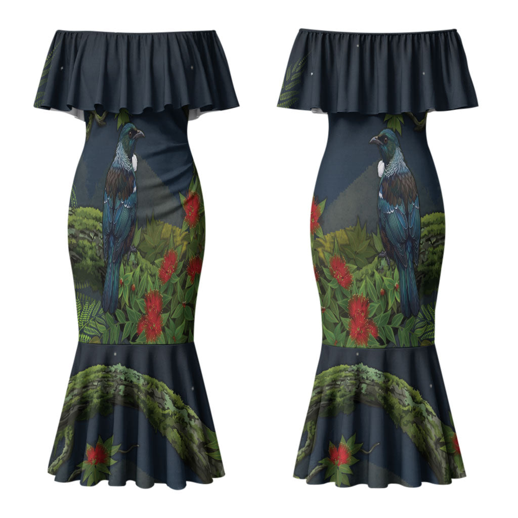 Rongoa Maori New Zealand Rata Couples Matching Mermaid Dress and Long Sleeve Button Shirt NZ Tui Bird Forest Vibes