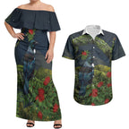 Rongoa Maori New Zealand Rata Couples Matching Off Shoulder Maxi Dress and Hawaiian Shirt NZ Tui Bird Forest Vibes