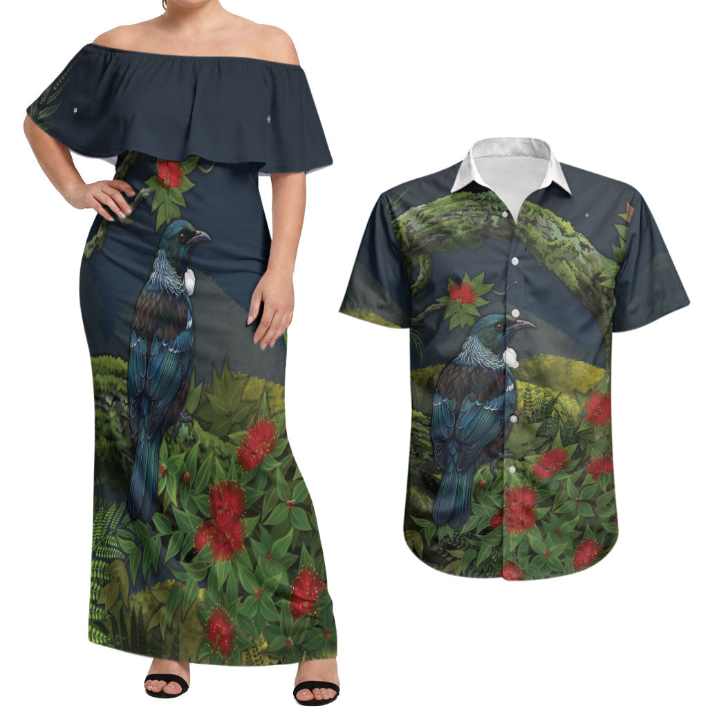 Rongoa Maori New Zealand Rata Couples Matching Off Shoulder Maxi Dress and Hawaiian Shirt NZ Tui Bird Forest Vibes
