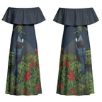 Rongoa Maori New Zealand Rata Couples Matching Off Shoulder Maxi Dress and Hawaiian Shirt NZ Tui Bird Forest Vibes