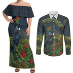 Rongoa Maori New Zealand Rata Couples Matching Off Shoulder Maxi Dress and Long Sleeve Button Shirt NZ Tui Bird Forest Vibes