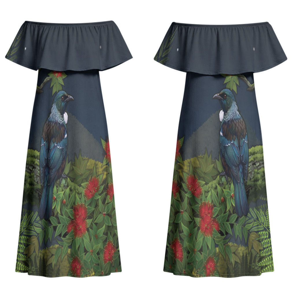 Rongoa Maori New Zealand Rata Couples Matching Off Shoulder Maxi Dress and Long Sleeve Button Shirt NZ Tui Bird Forest Vibes