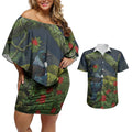 Rongoa Maori New Zealand Rata Couples Matching Off Shoulder Short Dress and Hawaiian Shirt NZ Tui Bird Forest Vibes