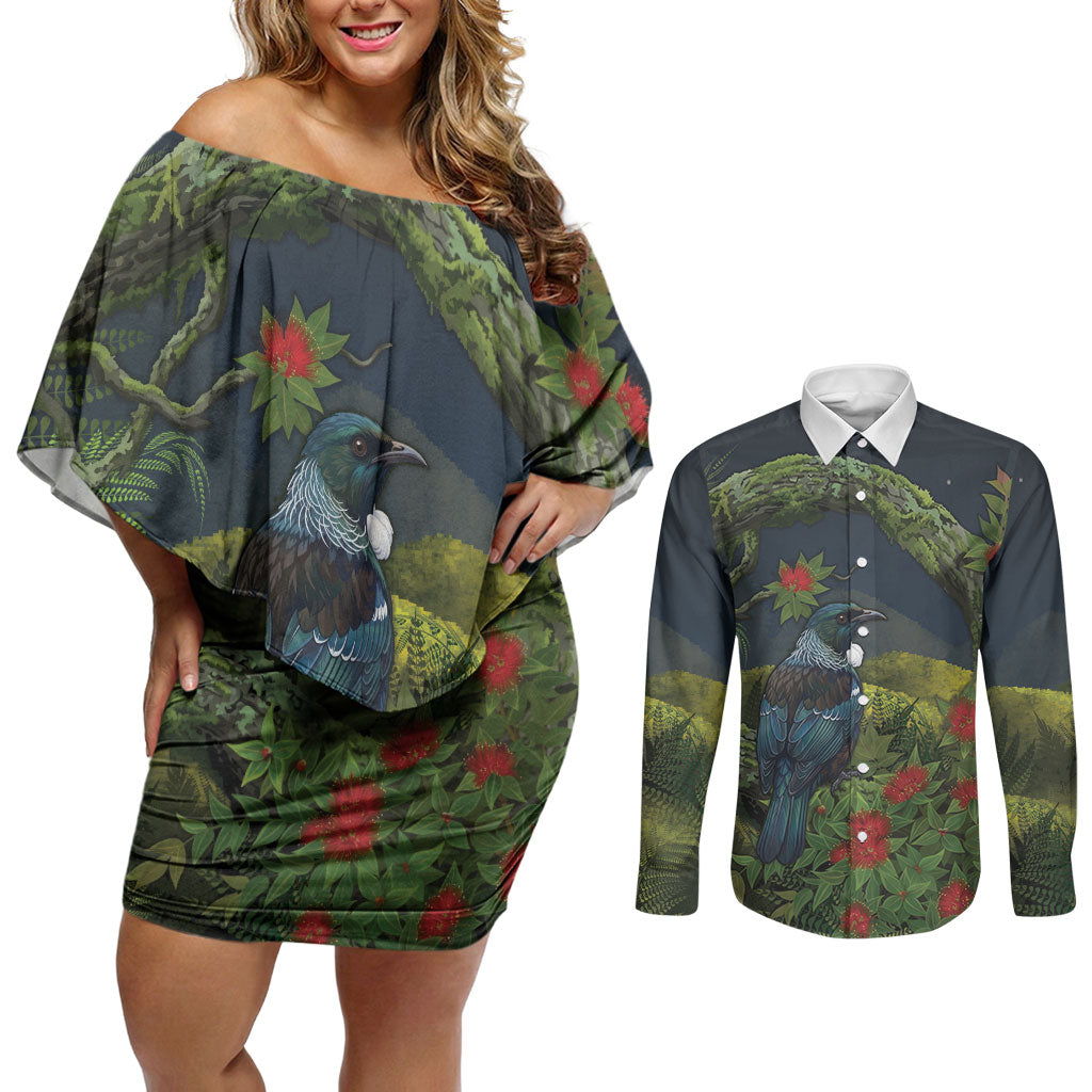 Rongoa Maori New Zealand Rata Couples Matching Off Shoulder Short Dress and Long Sleeve Button Shirt NZ Tui Bird Forest Vibes