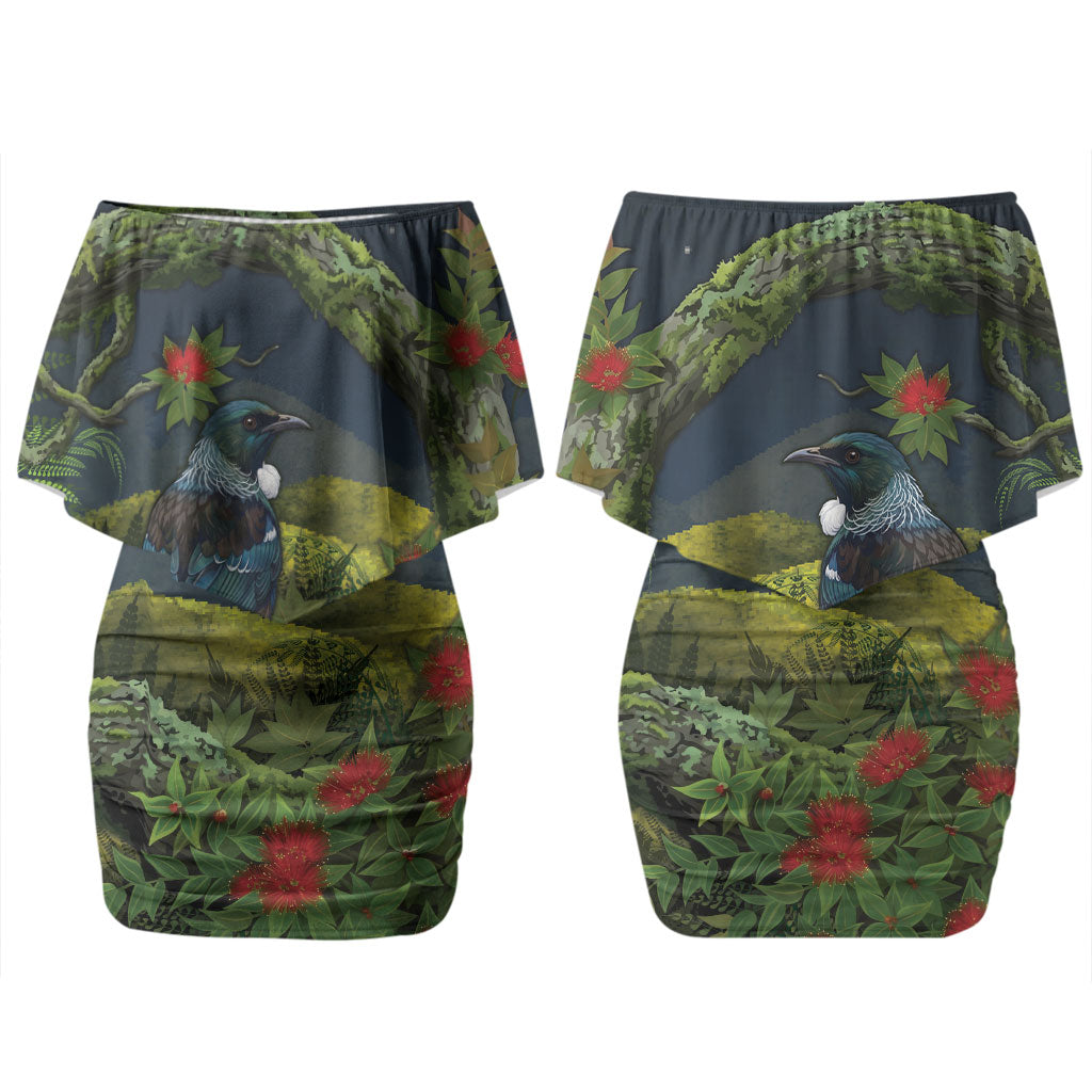 Rongoa Maori New Zealand Rata Couples Matching Off Shoulder Short Dress and Long Sleeve Button Shirt NZ Tui Bird Forest Vibes
