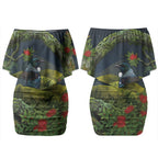 Rongoa Maori New Zealand Rata Couples Matching Off Shoulder Short Dress and Long Sleeve Button Shirt NZ Tui Bird Forest Vibes