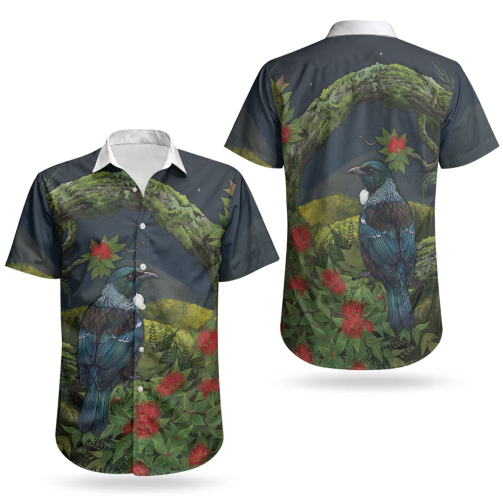 Rongoa Maori New Zealand Rata Couples Matching Off The Shoulder Long Sleeve Dress and Hawaiian Shirt NZ Tui Bird Forest Vibes