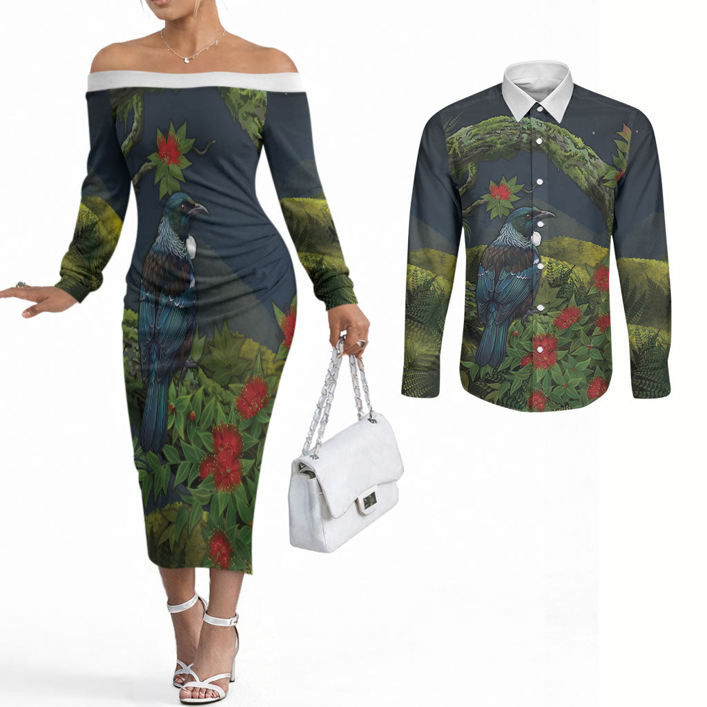 Rongoa Maori New Zealand Rata Couples Matching Off The Shoulder Long Sleeve Dress and Long Sleeve Button Shirt NZ Tui Bird Forest Vibes